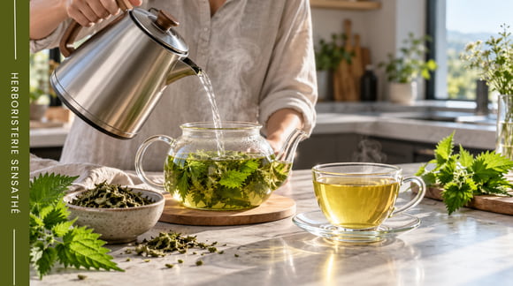 Préparation d'une infusion d'ortie pour la reminéralisation naturelle  eau chaude versée sur des feuilles d'ortie dans une théière en verre, avec une tasse de tisane et des plantes fraîches - Herboristerie Sensathé